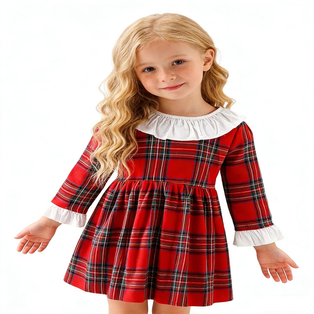 AGQT Infant Girls Christmas Plaid Dress A-line Long Sleeve Buffalo Winter Fall Check Dresses Red and Black Xmas Plaid Dress Size 12-24 Months