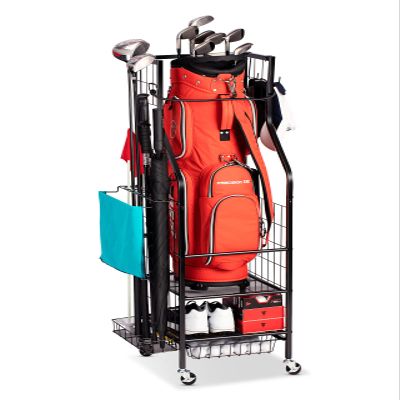 FHXZH Golf Bag Storage Garage Organizer - Golf Bag Stand Fit for 1 Bag, Extra Clubs, Balls, Shoes, and Golf Equipment Accessories, Golf Storage Rack for Garage, Club, Shed