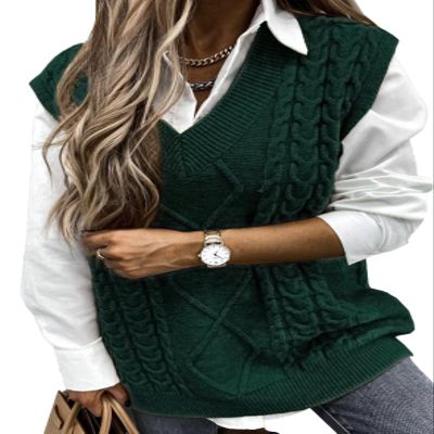 EVALESS Sweater Vest Women Green Oversized V Neck Sleeveless Sweaters Womens Cable Knit Tops Fall Winter 2025 Solid Color Loose Casual Sweater XX-Large