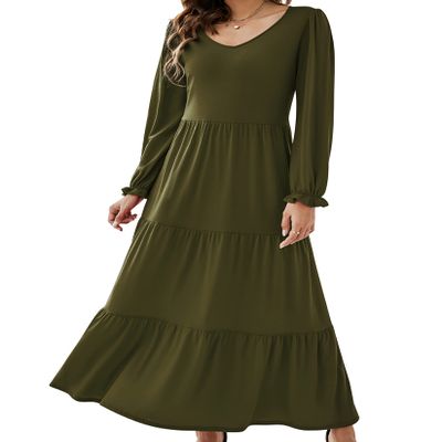 KOJOOIN Boho Maxi Dress, Swing Shift Dress Tiered Midi High Waist V Neck Ruffle Puff Sleeve Women Summer Casual Loose Flowy Swing Solid Dress Green