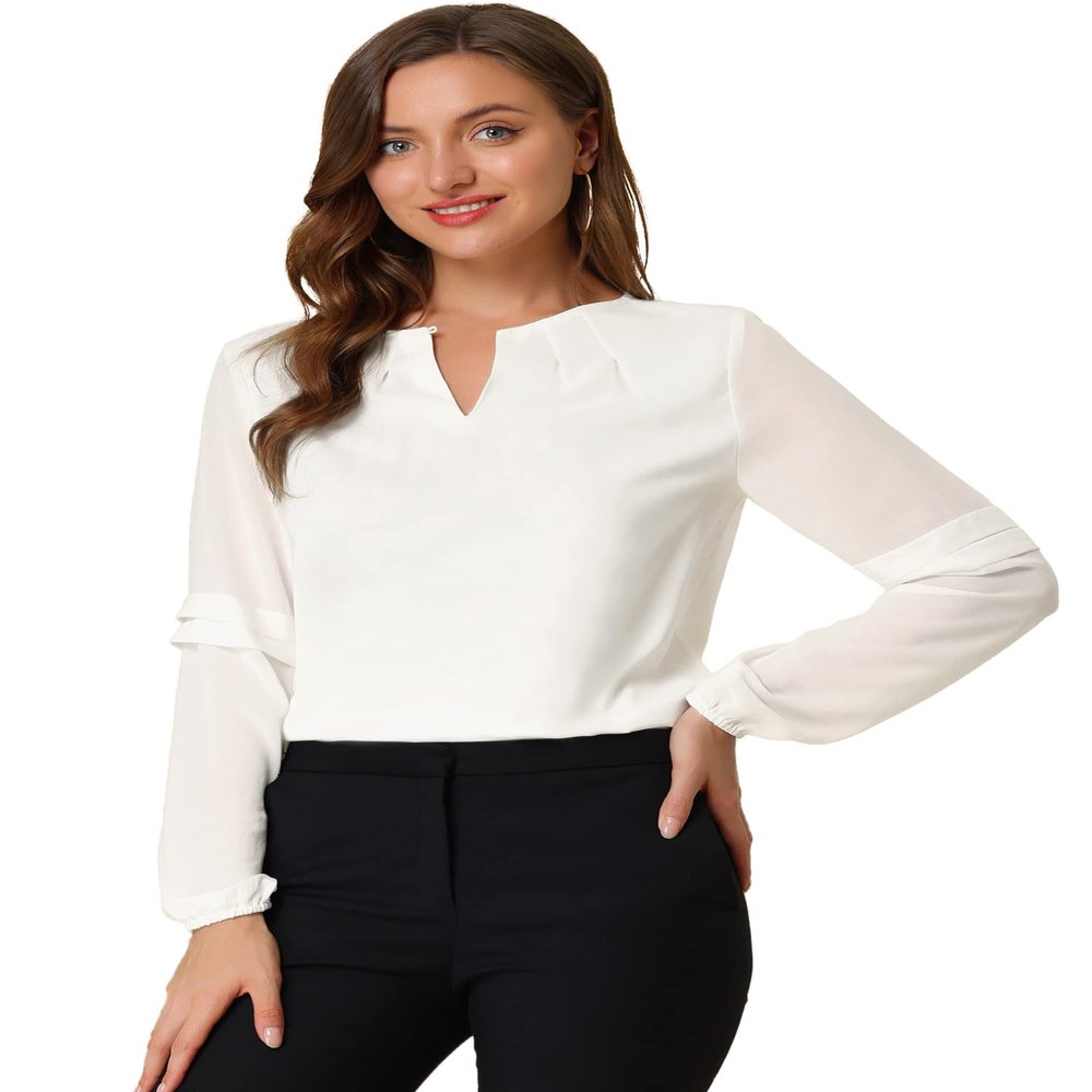 Allegra K Women's Work Tops Keyhole Neck Long Sleeve Work Shirts Blouse Dressy Casual Business Shirt X-Large White