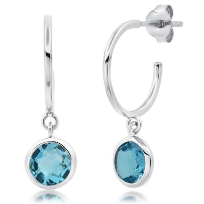 Round Open Hoop Aquamarine Earrings for Women 925 Sterling Silver Dangling March Birthstone Earrings Aquamarine Jewelry Gemstone Earrings Blue Stone Aquamarine Hoops Earrings with 1 Inch Push Back