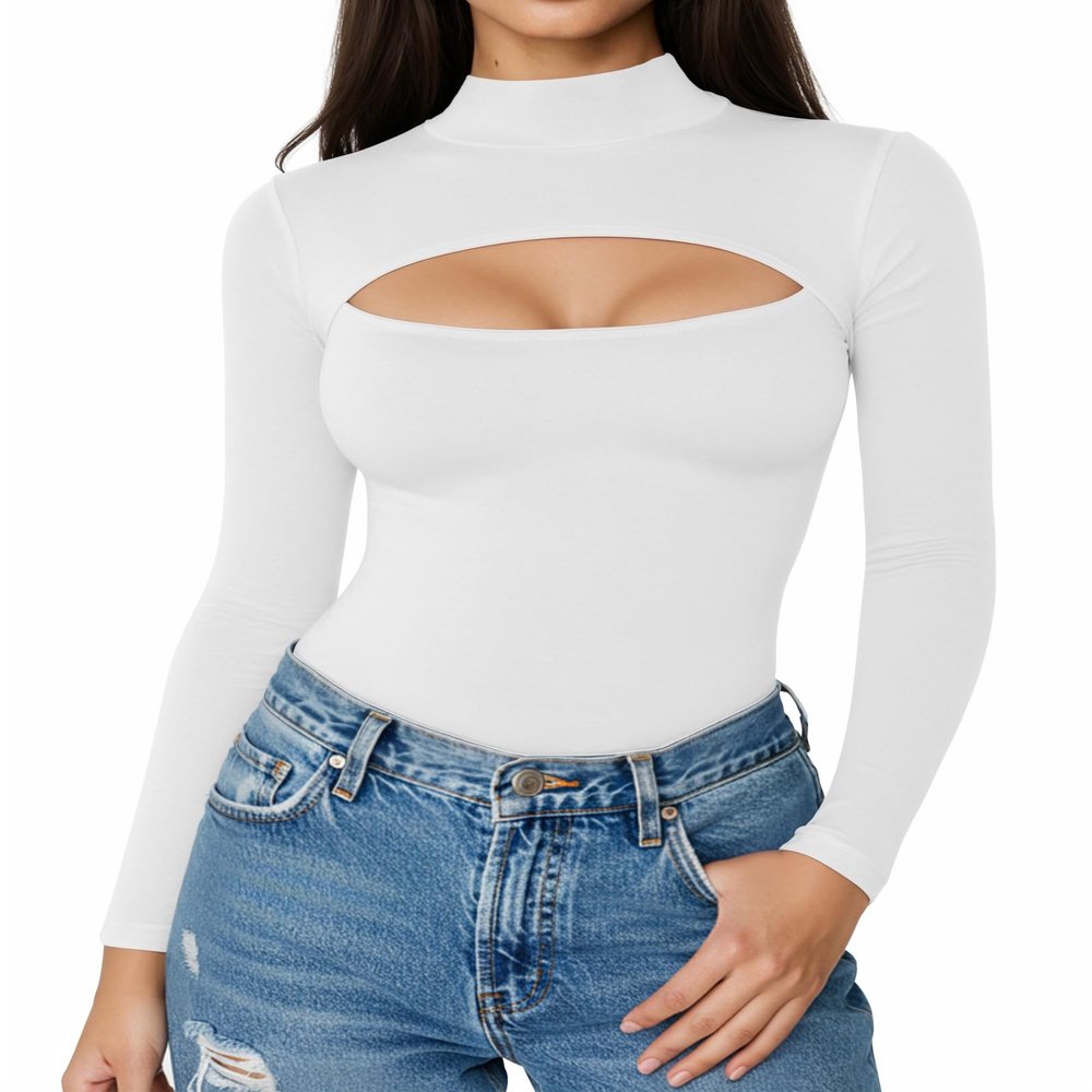 ALGALAROUND Short Long Sleeve Shirts for Women Basic Mock Turtle Neck Cut Out Tops Going Out T-Shirt Tee