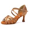 JUODVMP Women's Salsa Tango Latin Ballroom Practice Dance Shoes Brown Satin Braided Cross Straps 3 inch Heel Professional Dance Heels,8 US view 2
