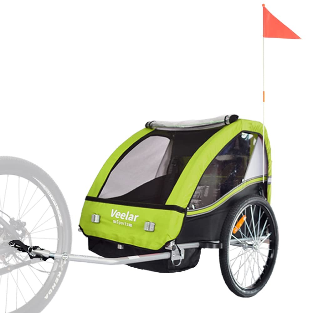 Veelar Sports Bike Trailer Double Seat for 1 or 2 Toddlers, Kids, Child Bicycle Carrier (Lime Green)