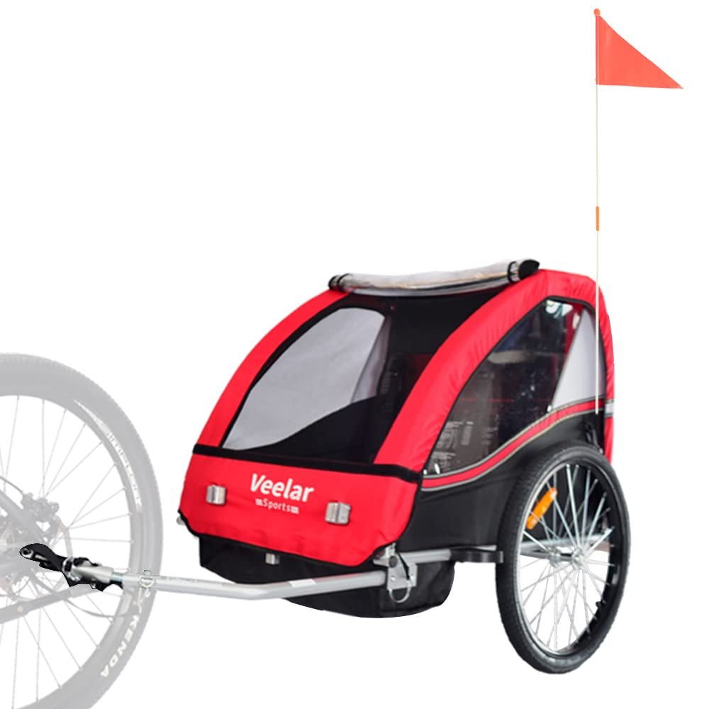 Veelar Sports Bike Trailer Double Seat for 1 or 2 Toddlers, Kids, Child Bicycle Carrier (Red)