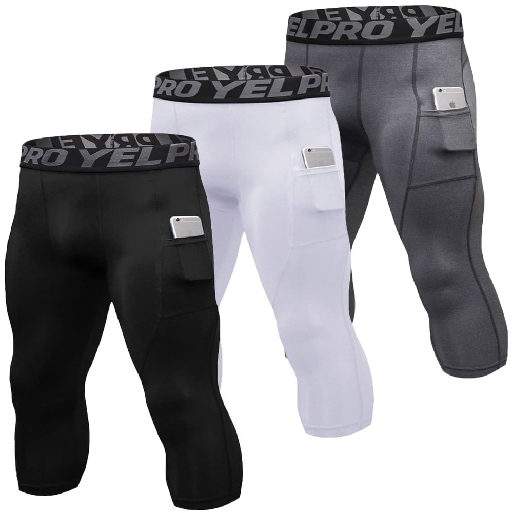 3 Pack Men's Compression Pants 3/4 Workout Dry-fit Baselayers Underwear Sport Tights Running Athletic Leggings Capris