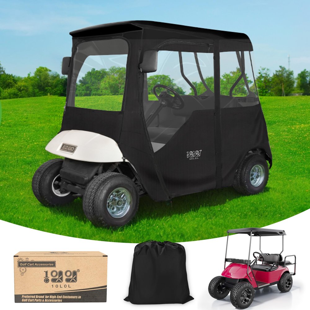 10L0L Golf Cart Driving Enclosure 2 Passenger for EZGO TXT/RXV 2 Door with Heavy Duty Zipper, 600D Golf Cart Rain Cover Driving Covers with Roll-up Windshield, 4-Sided Clear Window