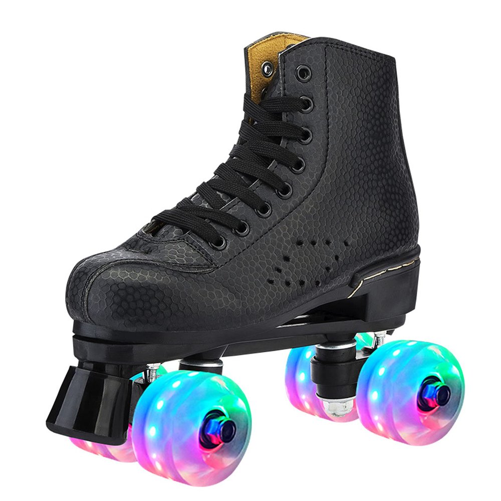 Classic Roller Skates Unisex Double Row Quad Roller Skates with PU Flashing Wheels, PU Leather 4 Wheels Roller Skates Shoes for Beginner Adult Teens (Women6.5/Men5,Black)