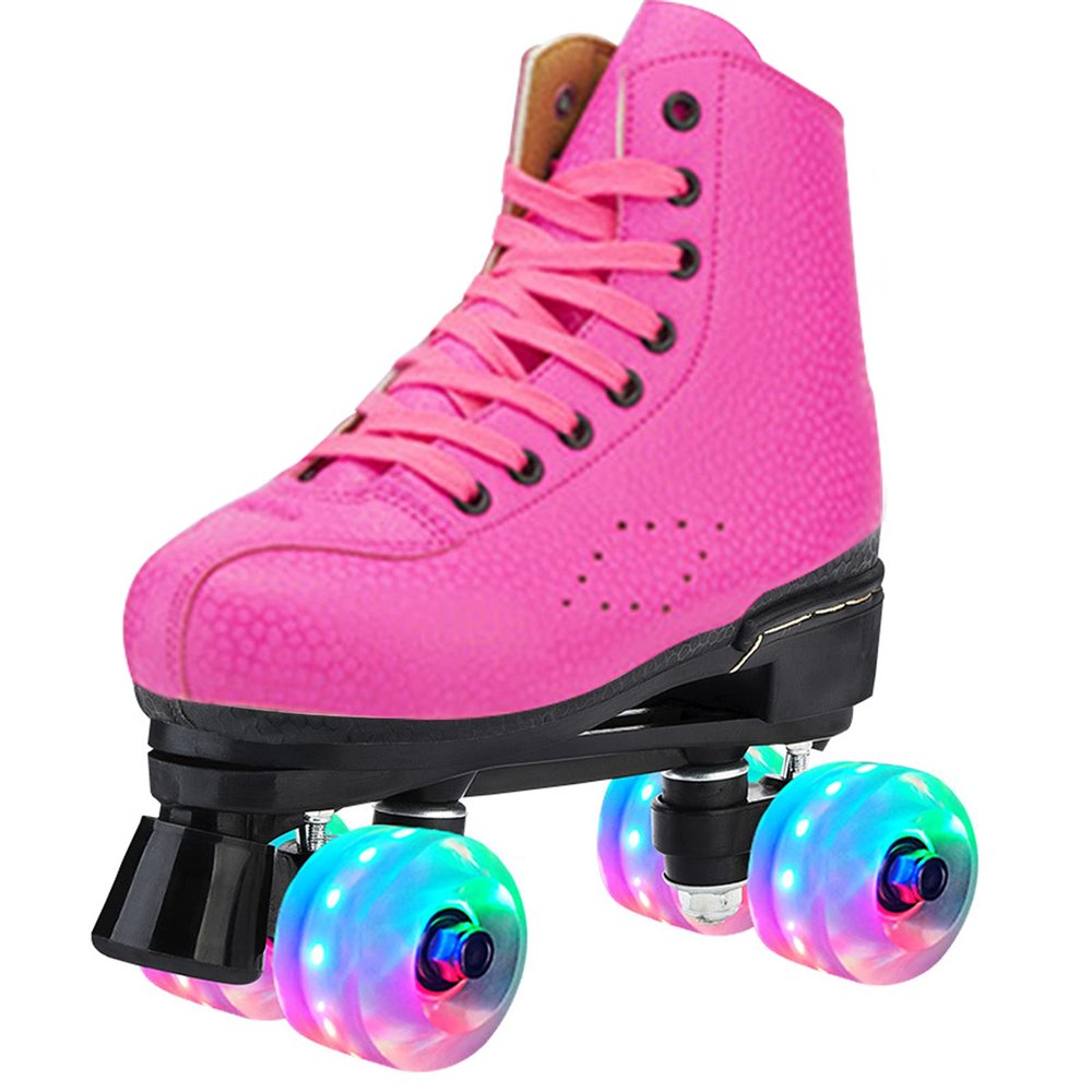 Classic Roller Skates Unisex Double Row Quad Roller Skates with PU Flashing Wheels, PU Leather 4 Wheels Roller Skates Shoes for Beginner Adult Teens (Women9.5/Men8,Pink)