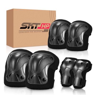 SKT HP Protective Gear for Adults, Knee Pads Elbow Pads Wrist Guards for Inline Skating Biking Skateboarding (Black)