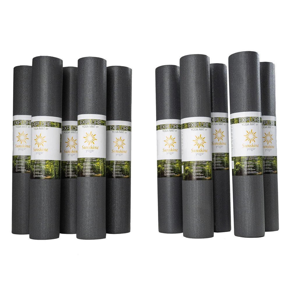 Sunshine Yoga 10-Pack Explore Yoga Mat, 68" x 24" Exercise Mat, 4mm Thick Non Slip Workout Mat, Anti-Tear Gym Mat, Bulk Yoga Mats for Schools or Studios, Charcoal