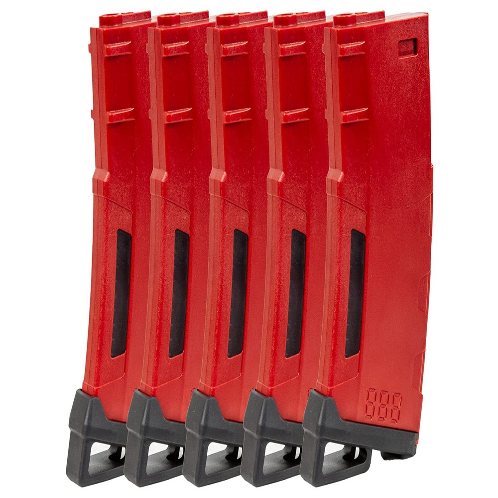 Lancer Tactical Airsoft M4 M16 Series Polymer 130 Round Transparent Window High Speed Mid-Cap Airsoft Magazine- Pack of 5 (Red 5 Pack)