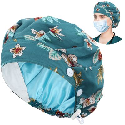 ABAMERICA Bouffant Caps with Button and Sweatband, Adjustable Scrub Caps for Women Men, Satin Layer