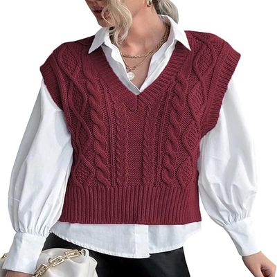 Women's Plaid Geo Sleeveless V Neck Knit Crop Top Sweater Vest Red XXL