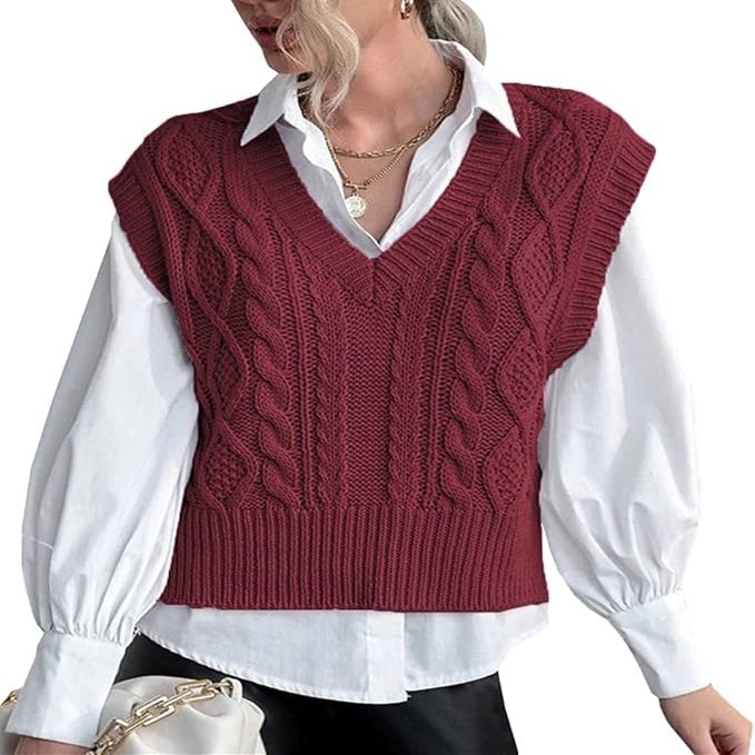 Women's Plaid Geo Sleeveless V Neck Knit Crop Top Sweater Vest Red XXL
