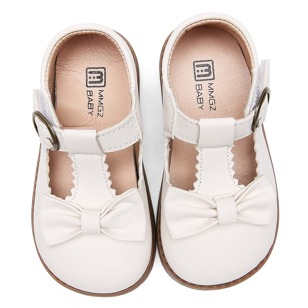 DADAWEN Girl's T-Strap School Uniform Dress Shoe Mary Jane Princess Flat Cream White US Size 8 M Toddler