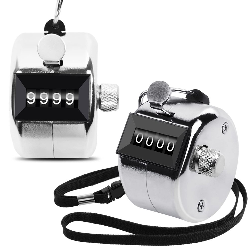 Oligei 2 Pack Metal Hand Counter Four-Digit Counter with Nylon Lanyard Silver Counter Click Counter Handheld Click Counter Digital Counting
