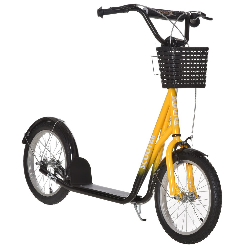 Aosom Youth Scooter, Kick Scooter with Adjustable Handlebars, Double Brakes, 16" Inflatable Rubber Tires, Basket, Cupholder, Mudguard Ages 5-12 Years Old, Orange