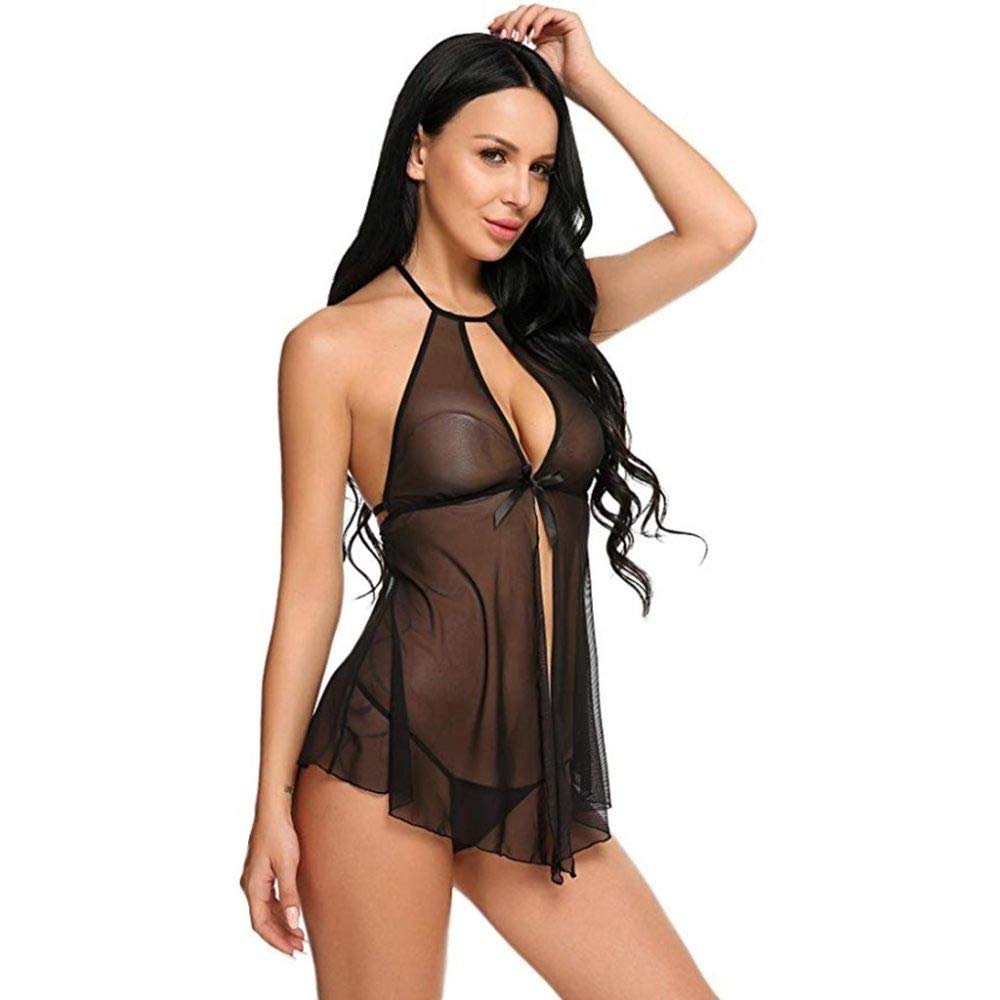 YUHOOE Sexy Nightwear Lingerie Set Babydoll With G-String V Neck Halter Transparent Mesh Dress Chemise Sleepwear Camisole Und Black