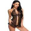YUHOOE Sexy Nightwear Lingerie Set Babydoll With G-String V Neck Halter Transparent Mesh Dress Chemise Sleepwear Camisole Und Black view 2