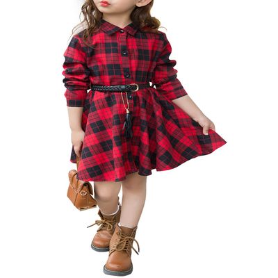 AGQT Child Girls Christmas Plaid Dress Buffalo Check Shirt Black Red Square Chequered Casual Long Sleeve A-Line Dresses with Belt Holiday Flannel Outfit Size 6-7 Years