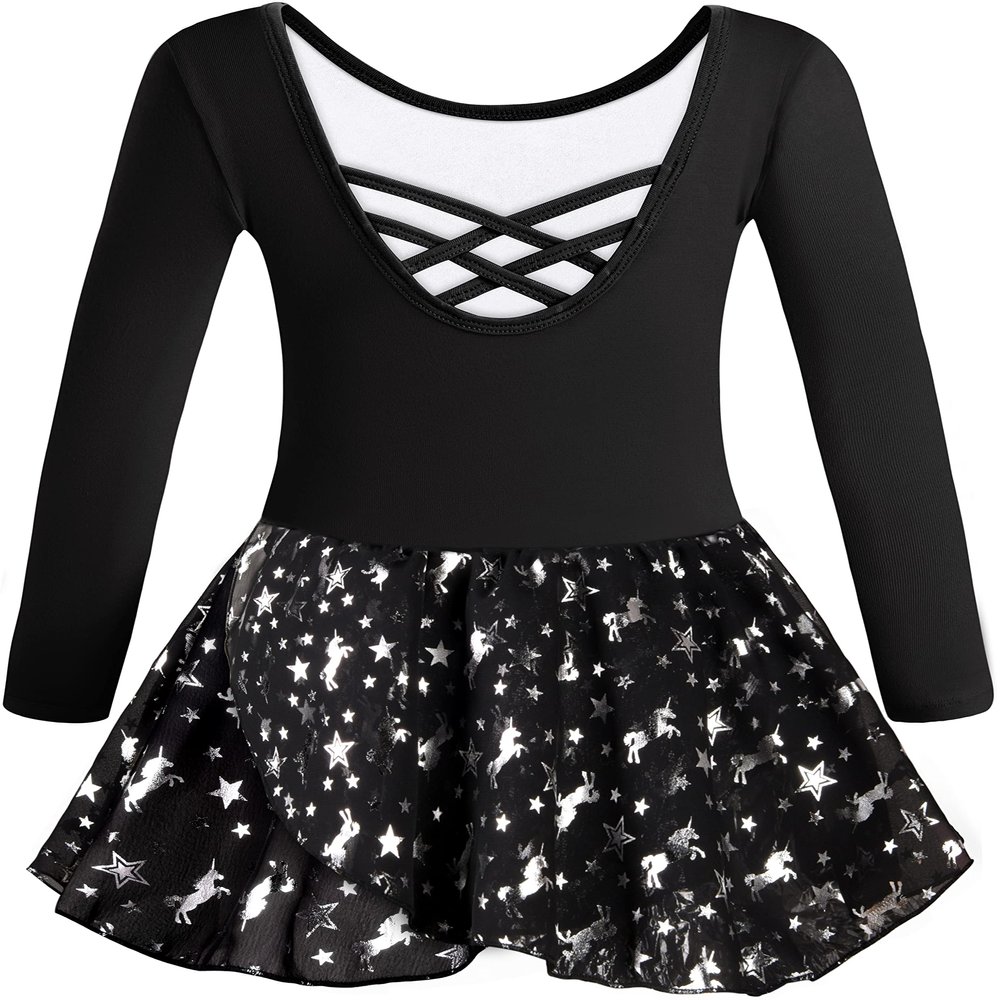 DANSHOW Ballet Leotards for Girls Dance Skirted Leotard Kids Ballet Tutu Dress Toddler Shiny Long Sleeve Dancewear(5042-06-M)