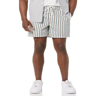 Amazon Essentials Men's 6" Inseam Drawstring Shorts, Green Pink Vertical Stripe, X-Small