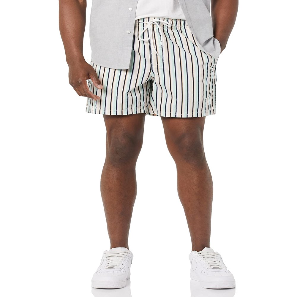Amazon Essentials Men's 6" Inseam Drawstring Shorts, Green Pink Vertical Stripe, X-Small