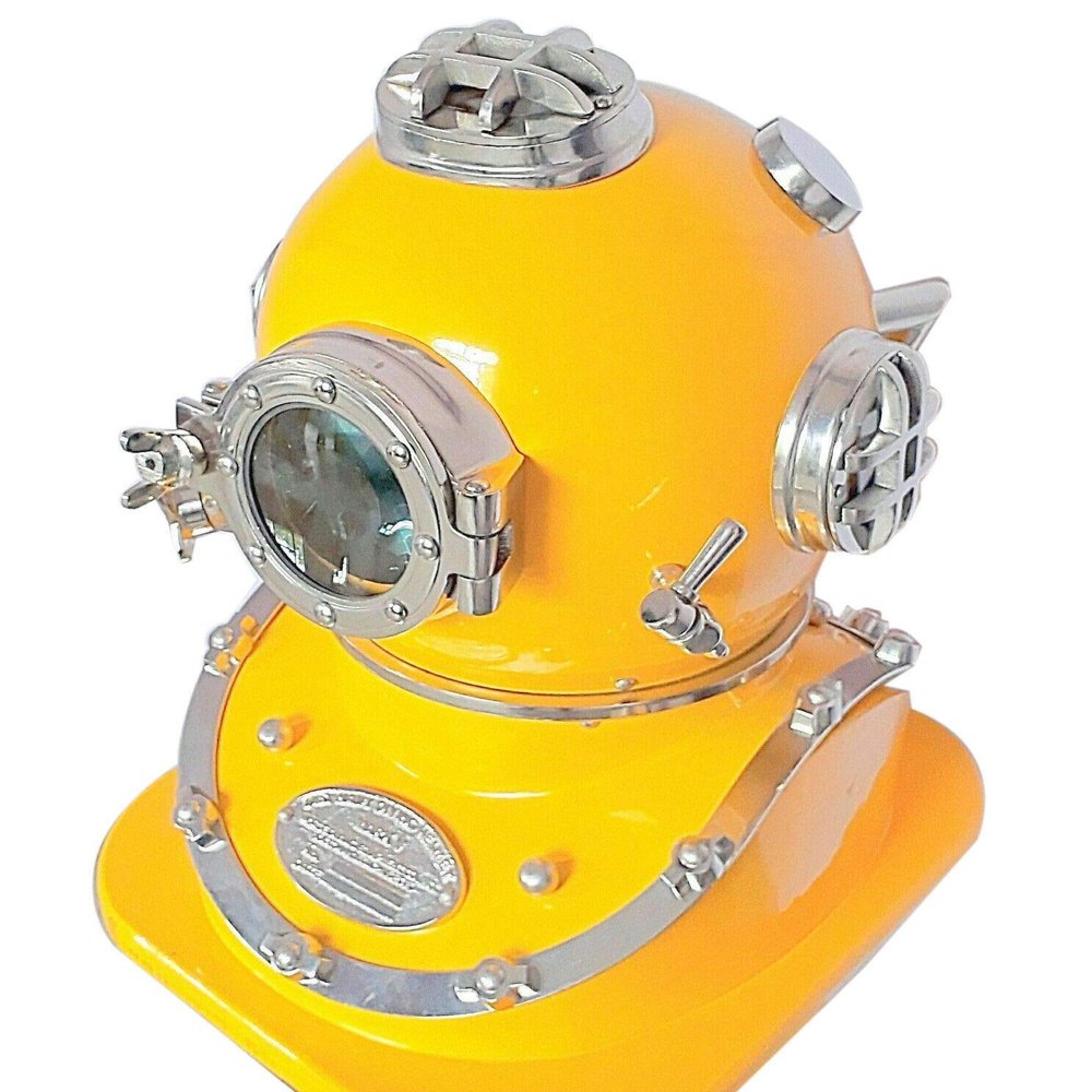 Retro Reproduction Antique Vintage Yellow Diver Diving Helmet with Wooden Stand 18"