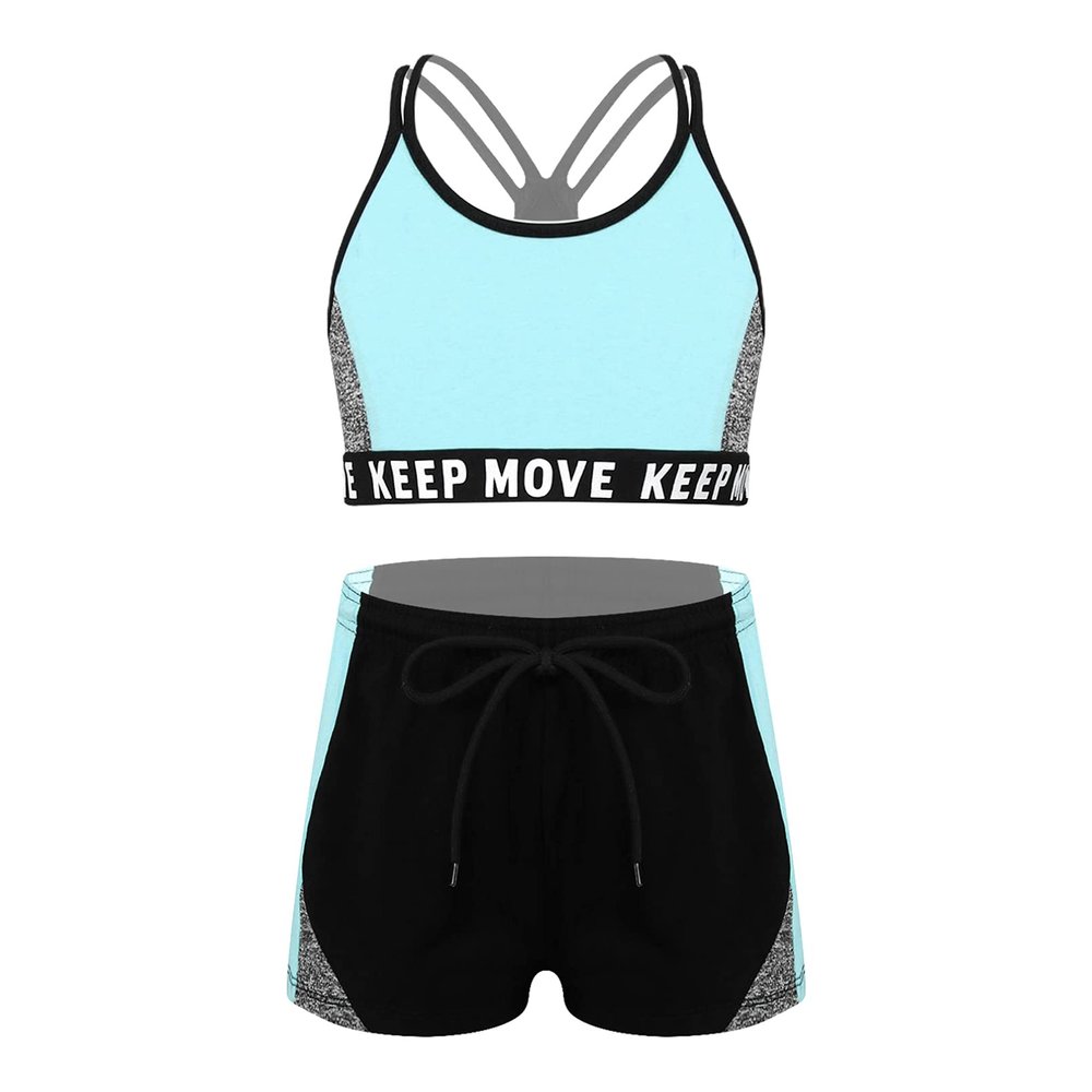 winying Kids Girls Two Piece Activewear Padded Bra Top with Boxer Shorts Slim Fit Tracksuit for Yoga Workout Blue 6 Years