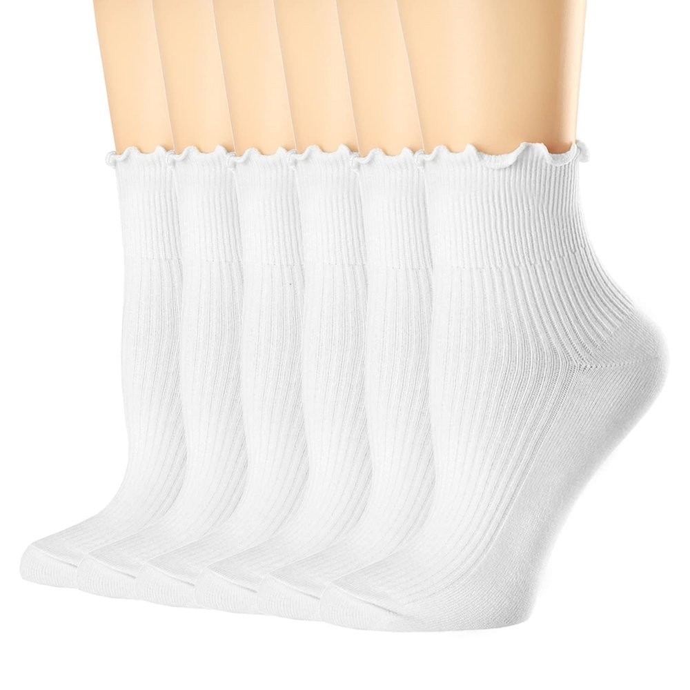 Mcool Mary Women's Ruffle Socks,Turn-Cuff Casual Cute Warm Cotton Knit Lettuce Low Cut Frilly White Ankle Socks for Women 6 Pack