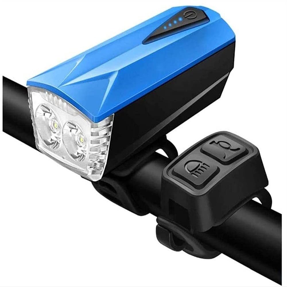 SMSOM LED Bicycle Headlight, Bike Lights with Horn, USB Rechargeable Bicycle Headlight, Waterproof, 4 Lighting Modes Fits All Bicycles for Road and Mountain (Color : Blue)