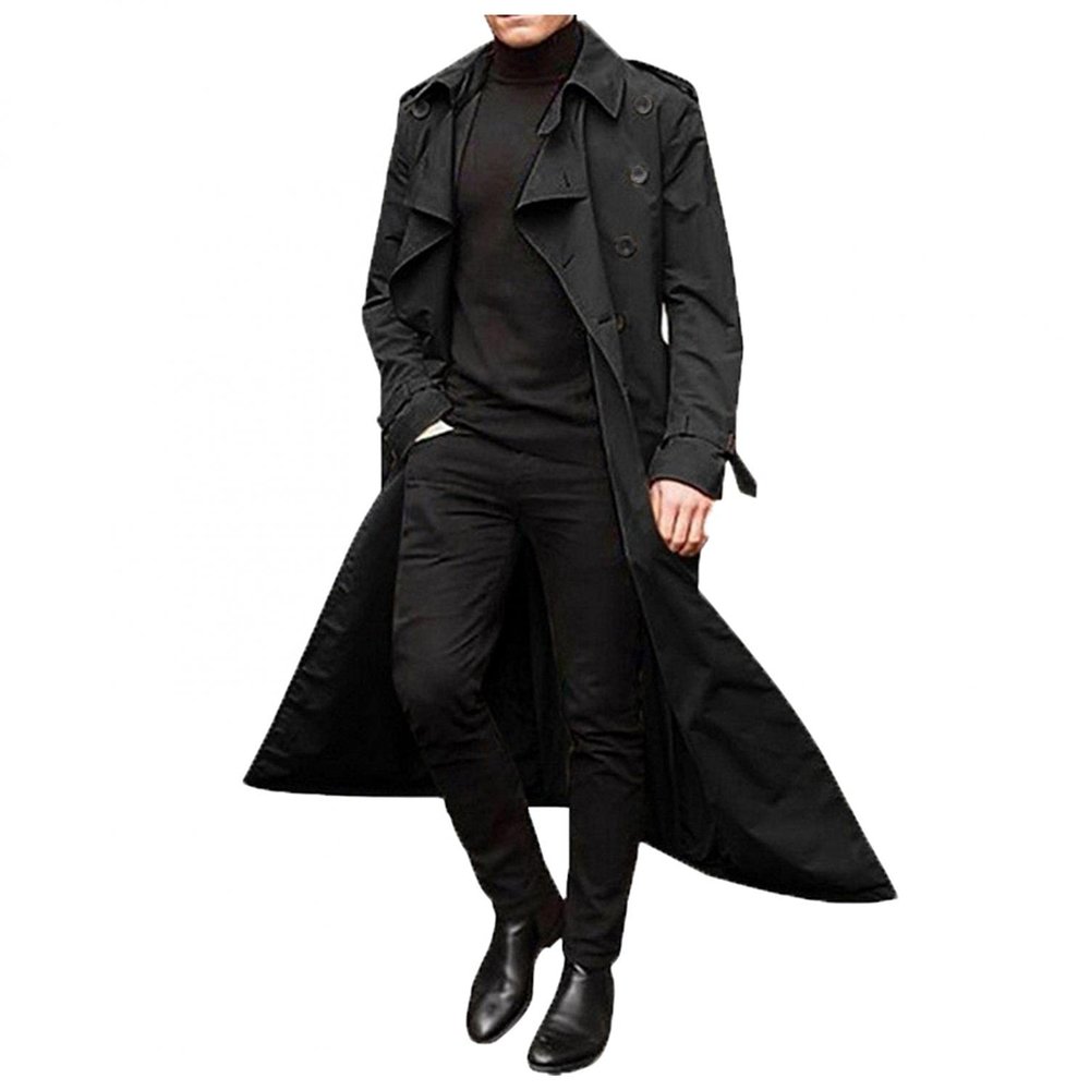Mens Double Breasted Trench Coat Classic Slim Fit Pea Coats Windbreaker Big & Tall Lightweight Jacket Overcoat Plus Size Black