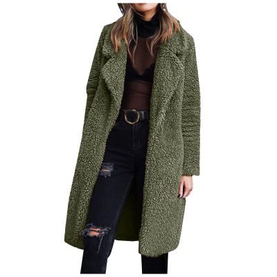 JOFOW Women's Cardigans Jacket Autumn and Winter Long Sleeved Lapel Double-Faced Fleece Casual Solid Color Coat (Green, M)