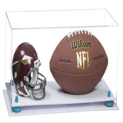 Better Display Cases Acrylic Display Case for Full Size Football and Mini Helmet - Large Rectangle Box with Clear Case, Blue Risers and White Base 19.25" x 8.25" x 8" (B47/A103)
