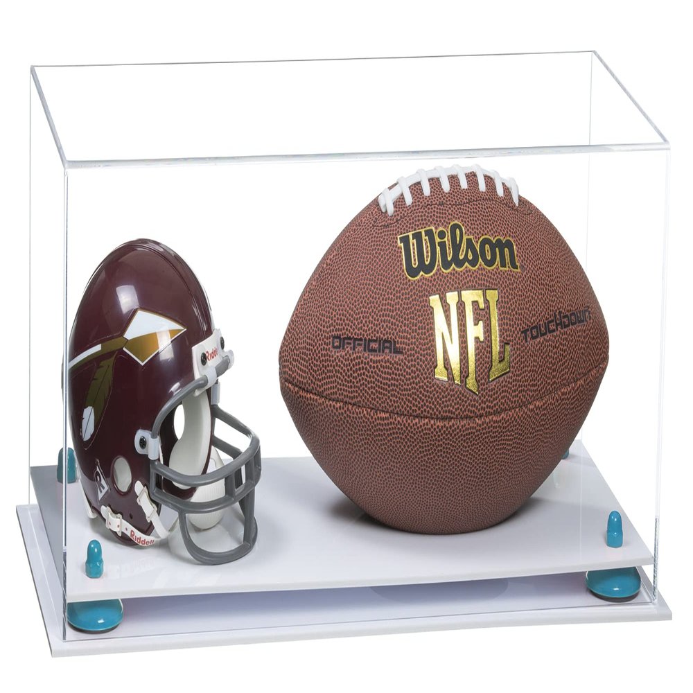 Better Display Cases Acrylic Display Case for Full Size Football and Mini Helmet - Large Rectangle Box with Clear Case, Blue Risers and White Base 19.25" x 8.25" x 8" (B47/A103)