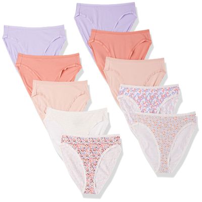 Amazon Essentials Women's Cotton High Leg Brief Underwear (Available in Plus Size), Breathable, Pack of 10, Checked/Ditsy Floral/Floral/Multicolour, 12