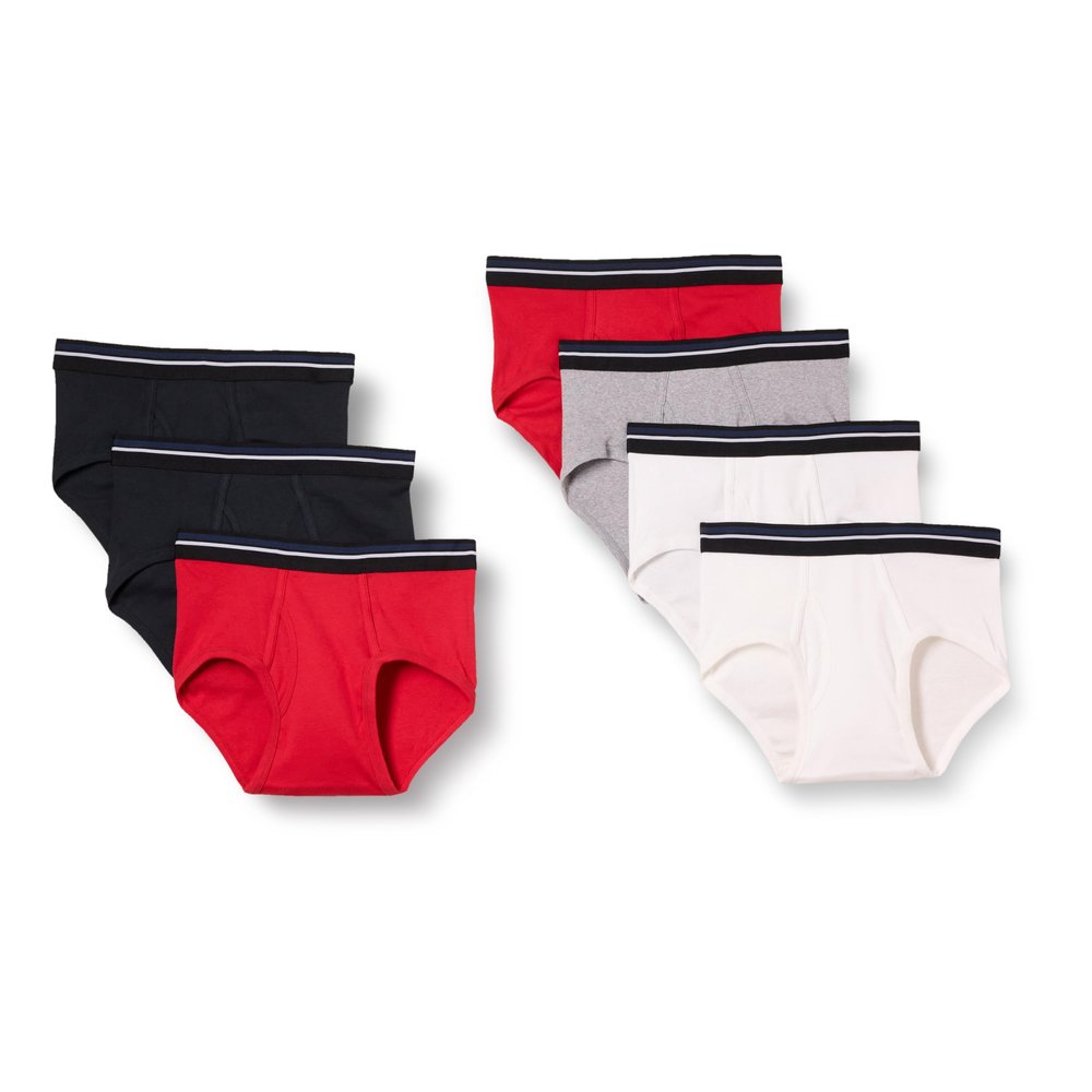 Amazon Essentials Men's Cotton Tag-Free Breathable Briefs Underwear, Pack of 7, Grey/Red/White, Large