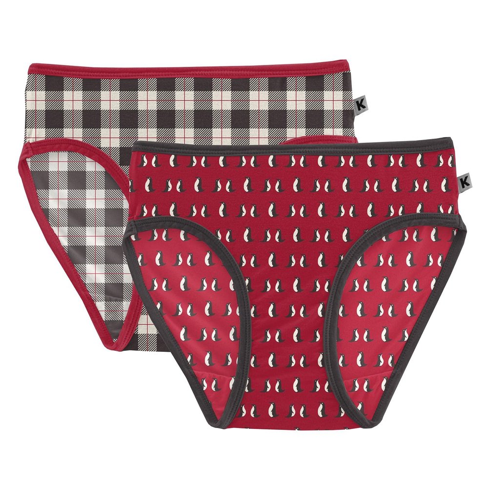 KicKee Pants Celebrations Holiday Print Girls Underwear, Set of 2, Incredibly Soft Girl Panties, Snug Fit, All Day Wear (Midnight Holiday Plaid & Crimson Penguins - 2T-3T)