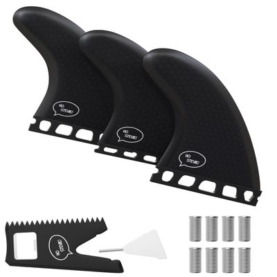 Ho Stevie! Thruster Surfboard Fins (3 Fins) - Twin Tab or Single Tab Sizes, with Fin Bag, Screws, Wax Comb and Fin Key (Black, Single Tab)