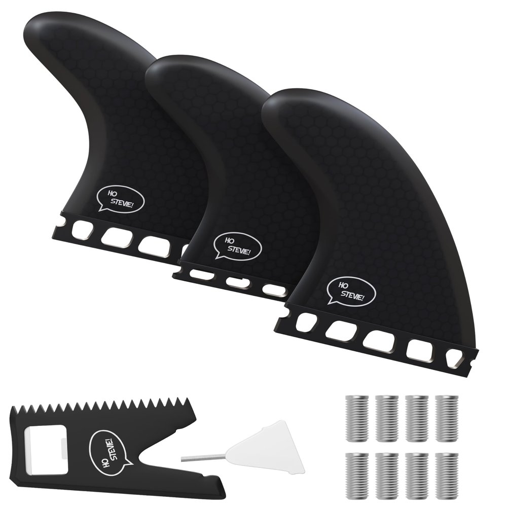 Ho Stevie! Thruster Surfboard Fins (3 Fins) - Twin Tab or Single Tab Sizes, with Fin Bag, Screws, Wax Comb and Fin Key (Black, Single Tab)