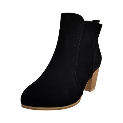 oiangi Womens Chunky Heel Snow Boots Fashion Buckle Strap Solid Color Round Toe Side Zipper Square Heel Short Boot Comfortable Keep Warm Casual Shoes
