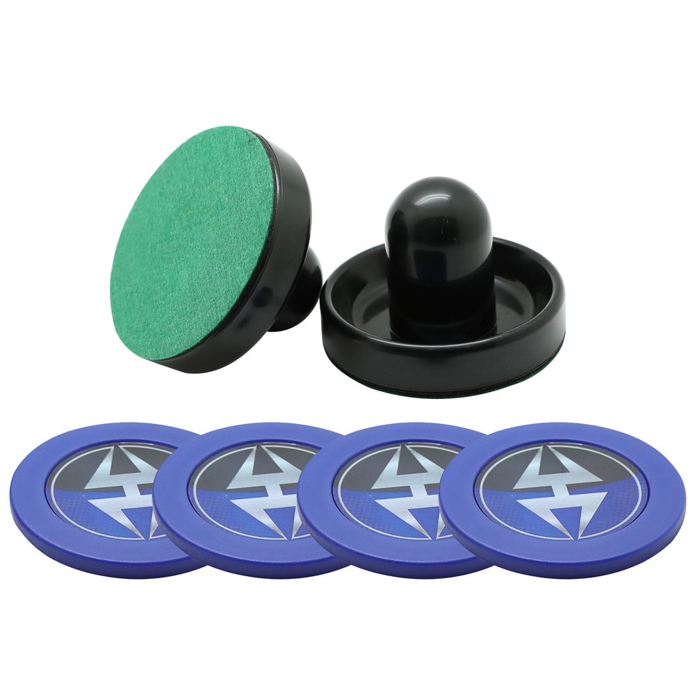 Hathaway Air Hockey Pucks and Paddles Set Two Ergonomic 3.75-inch Pushers and Four 2.87-inch ABS Table Hockey Pucks Durable Game Accessories for Home Play or Arcade Style Tables - Black and Blue