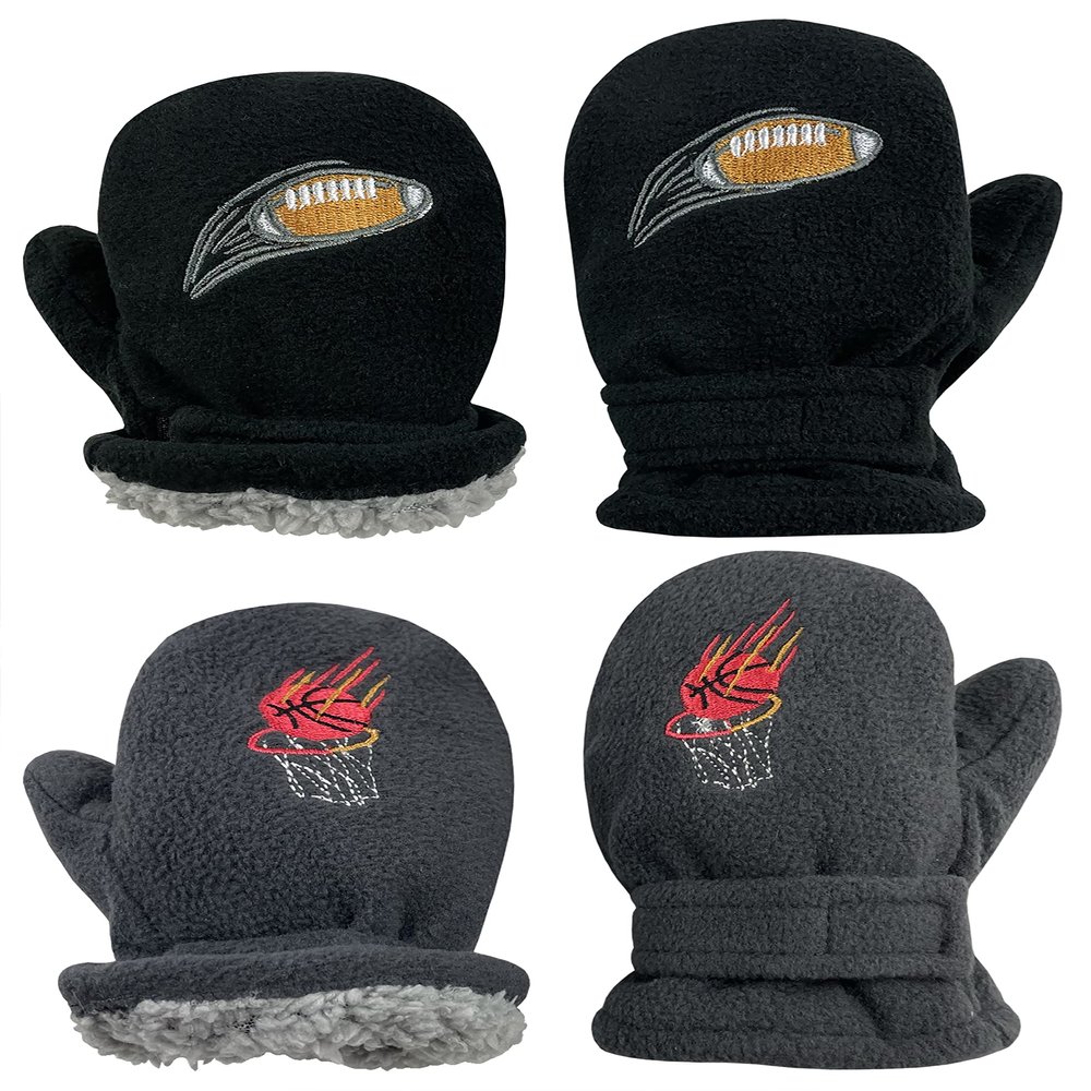 N'Ice Caps Baby Toddler Mittens Kids 2 Pairs Fleece Gloves Winter Warm Sherpa Lined (Black/Charcoal Sports, 2-3 Years)