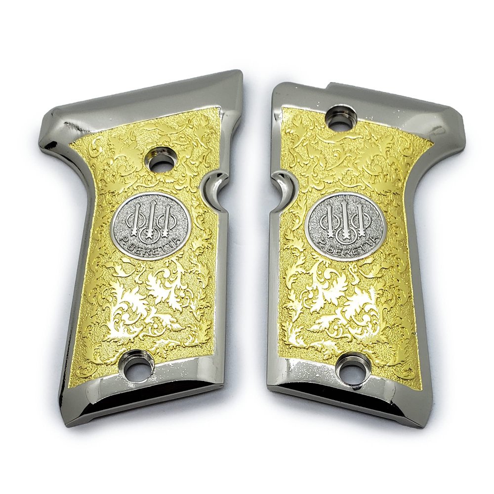 Grips for Beretta 92/96 Compact Size, Metal Beretta Grips Nickel Gold Plated Scroll Design