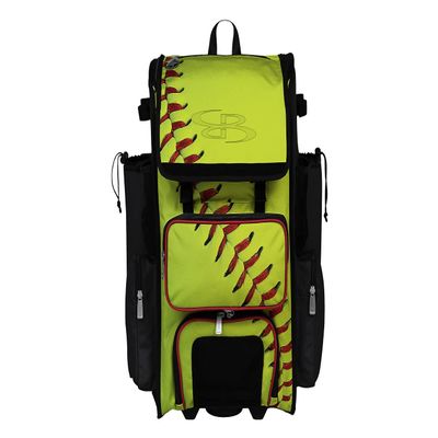 Boombah Rolling Superpack Baseball/Softball Gear Bag - 23-1/2" x 13-1/2" x 9-1/2" - Softball Homerun Optic Yellow/Black/Red - Telescopic Handle - Holds 4 Bats - Wheeled Version