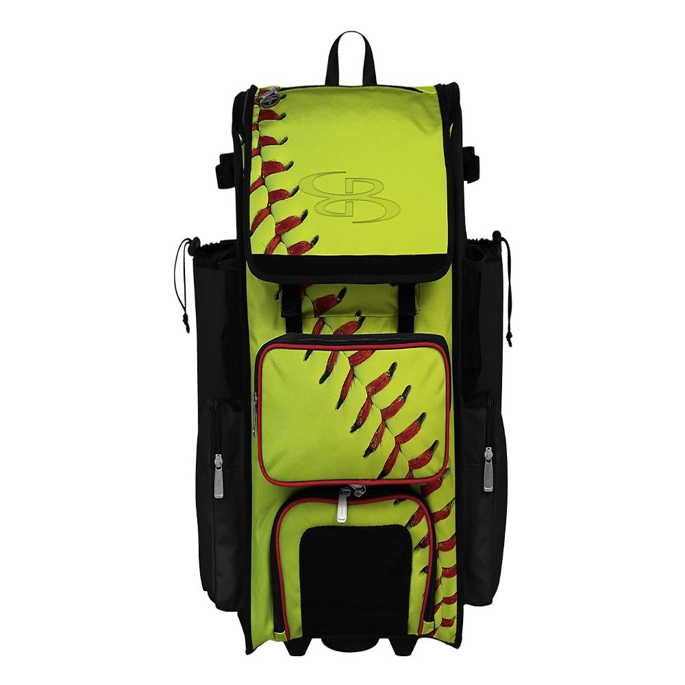 Boombah Rolling Superpack Baseball/Softball Gear Bag - 23-1/2" x 13-1/2" x 9-1/2" - Softball Homerun Optic Yellow/Black/Red - Telescopic Handle - Holds 4 Bats - Wheeled Version