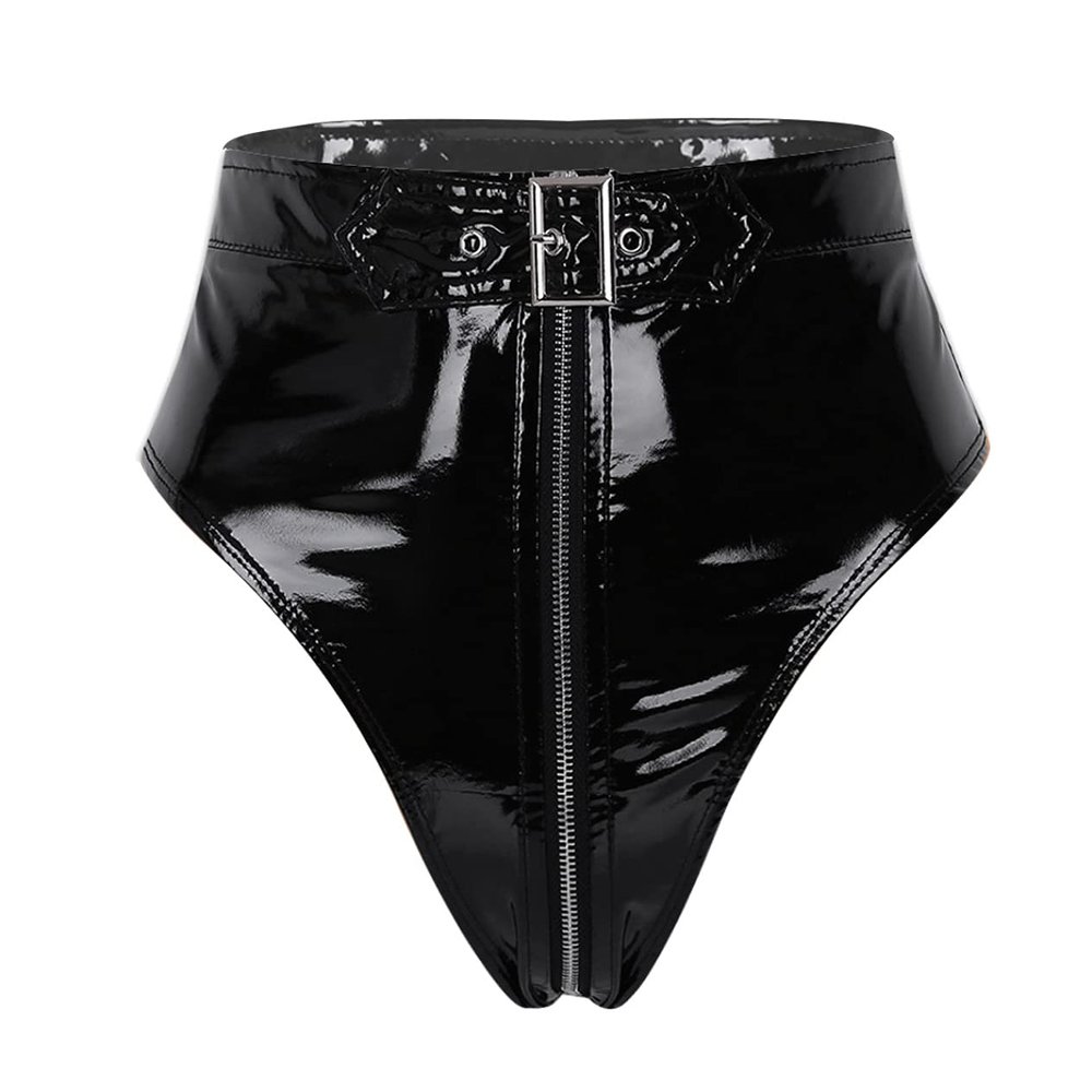 Loloda Women Shiny Wetlook PVC Leather High Waisted Booty Shorts Crotch Zipper Knickers Black Small