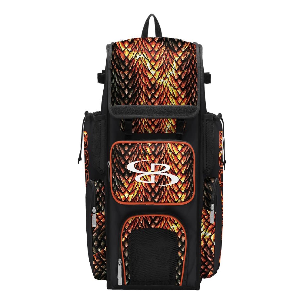 Boombah Superpack Bat Bag - Backpack Version (no wheels) - Holds 4 Bats - Scales Black/Orange/White